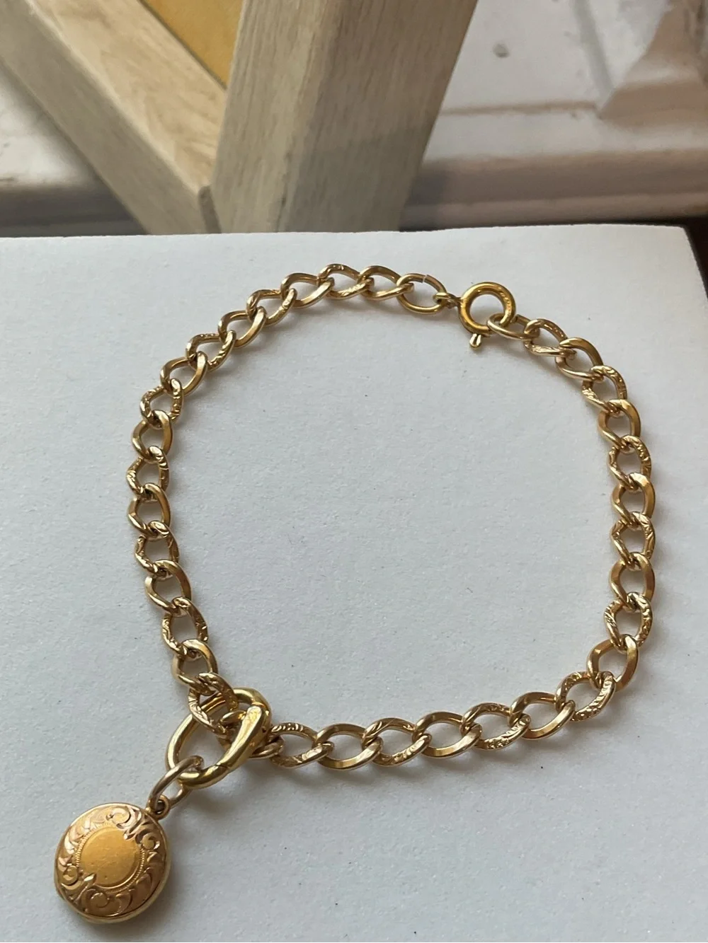 Vintage Gold Filled Etched Chain Link Locket Bracelet 7”